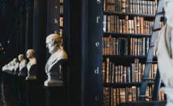 Historic library interior with sculptures and ladder